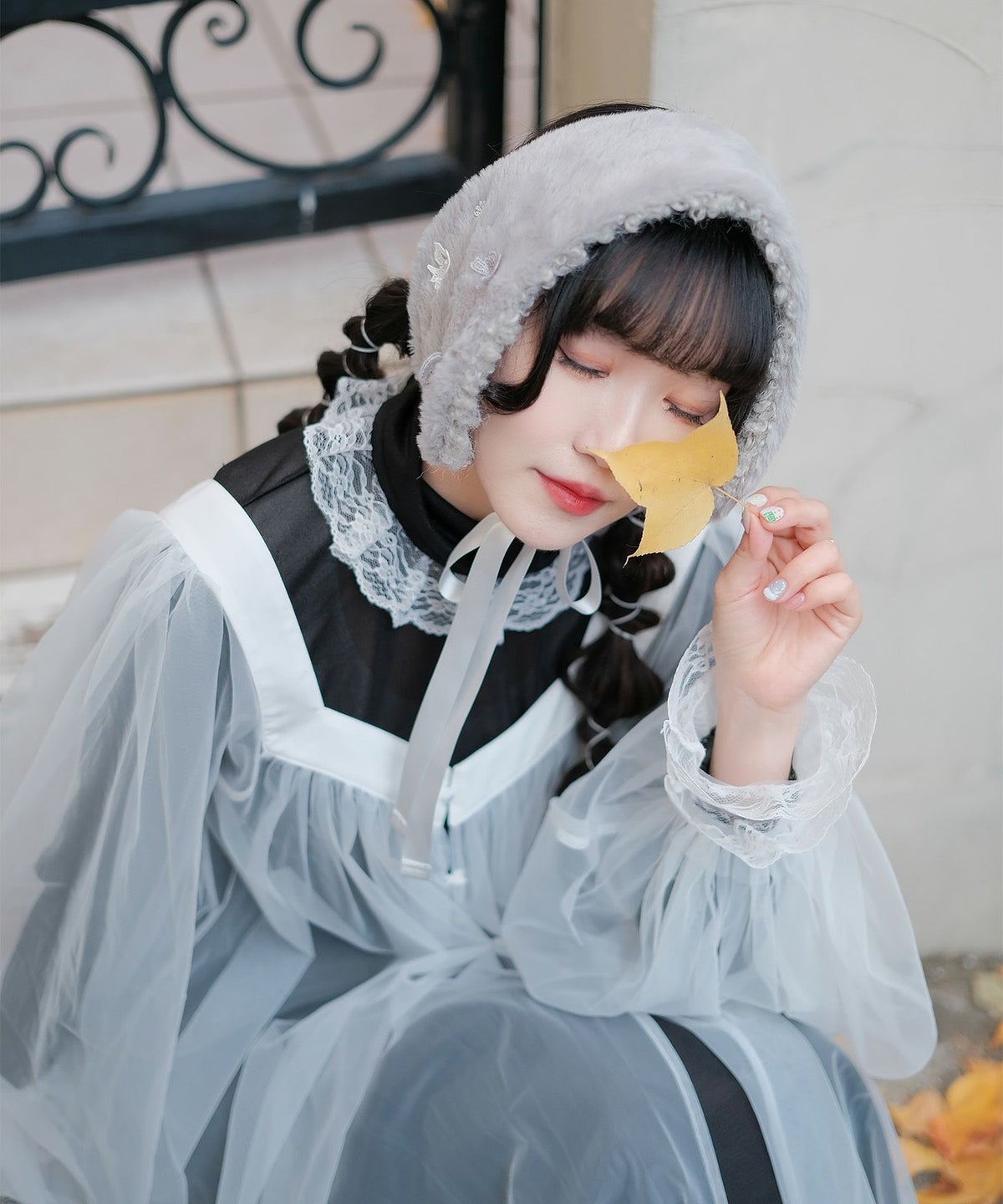 チュール ラメ ロング レイヤード ボリューム ホワイト/ブルーグレー/M