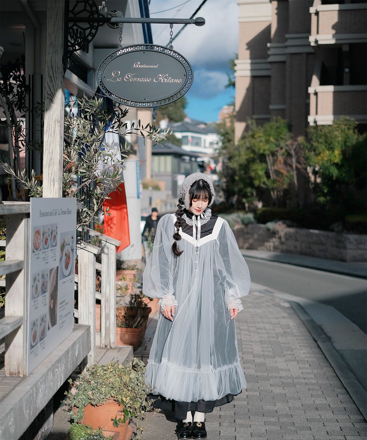 チュール ラメ ロング レイヤード ボリューム ホワイト/ブルーグレー/M