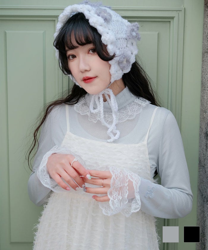 キラキラ ラメリブ ハイネック 冬 レース 切り替え トップス miolite