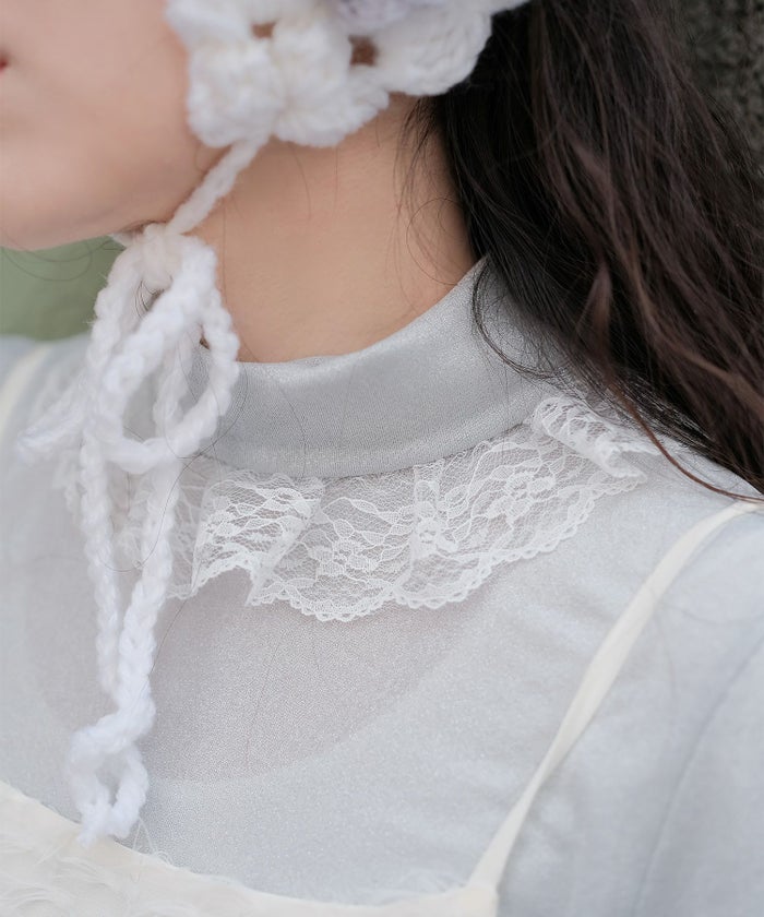 キラキラ ラメリブ ハイネック 冬 シルバーホワイト ブラック/M