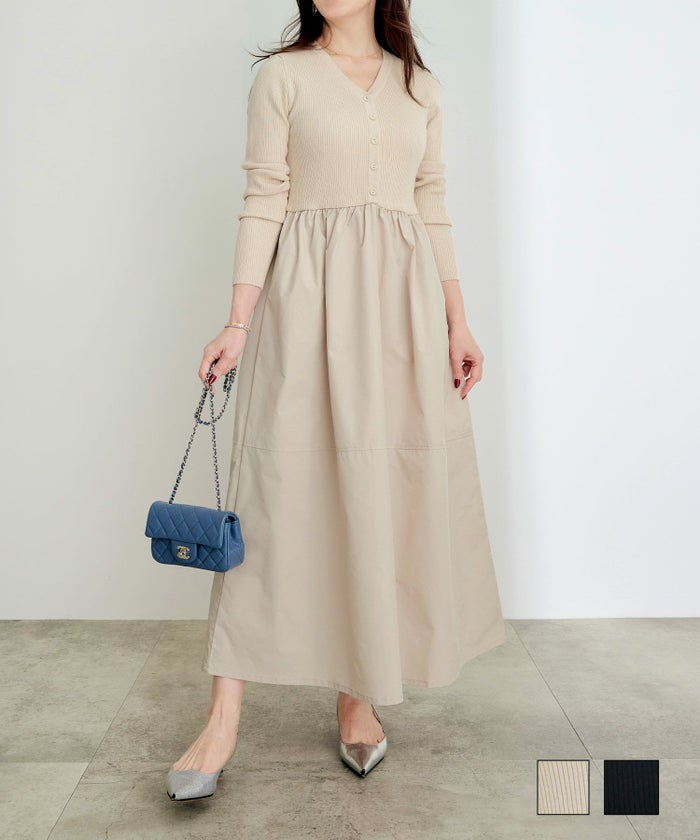 手洗い可 レディース ワンピース ロング 大人 長袖 ニット フレア きれいめ オフィス 黒 秋冬 春 かわいい ジョイントスペース リブニット 布帛ドッキング ワンピース Liala×PG