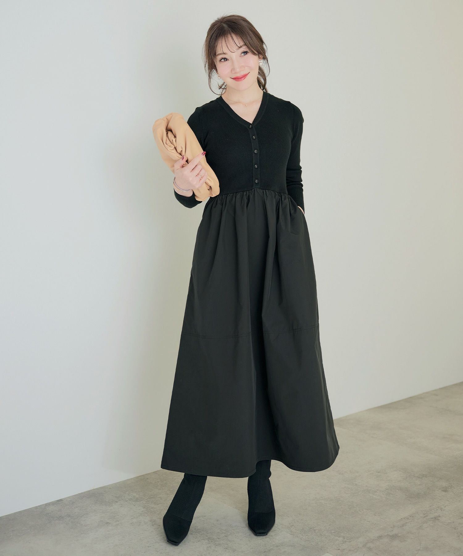 リブニット 布帛ドッキング ワンピース Liala×PG 全2色｜lpg311-2061