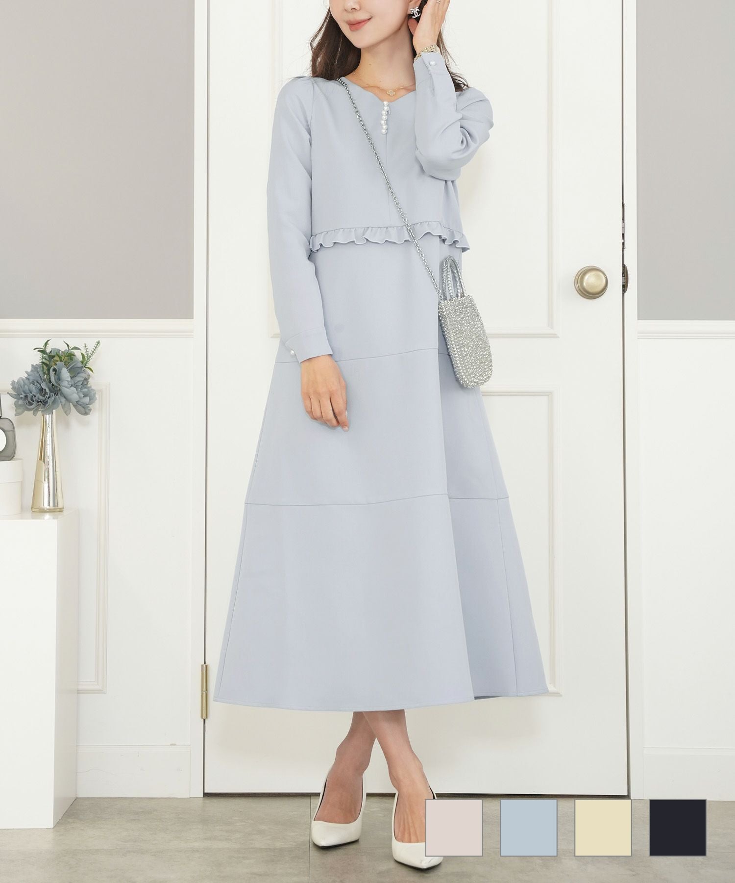 CLEARANCE-SALE フロントファスナー バックリボン フレアワンピース le