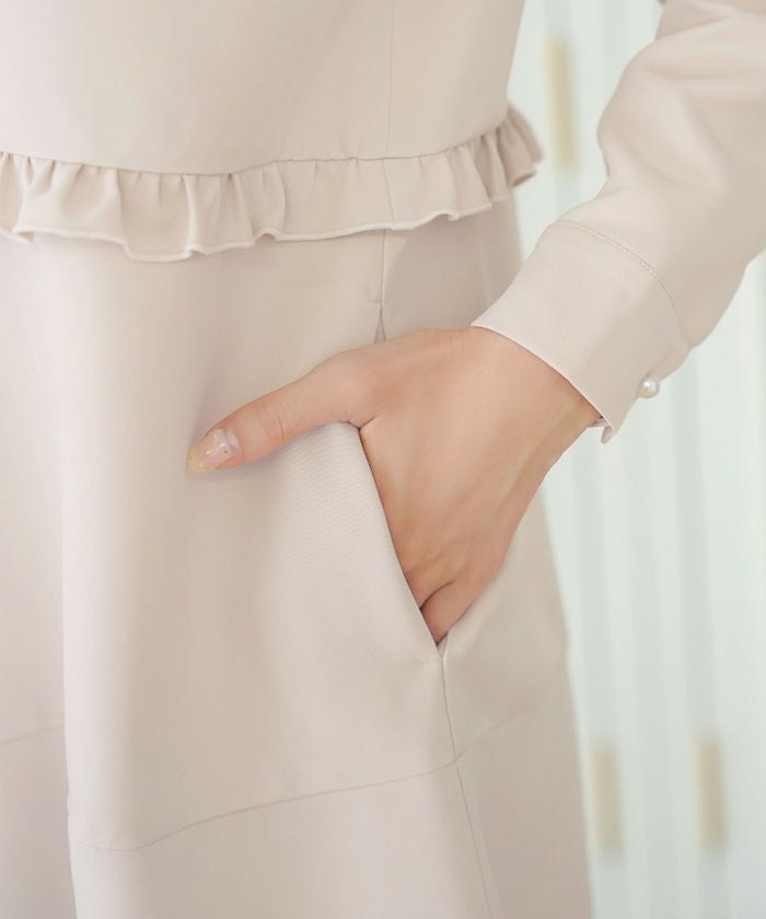 レディース/ワンピース/マキシ丈/ファスナー/長袖/フリル/パール/バックリボン/カフス/Vネック/丈長め/高身長/きれいめ/授乳/ママ/リラックス/ワンマイル/ピンク/ブルー/イエロー/ネイビー/春/秋