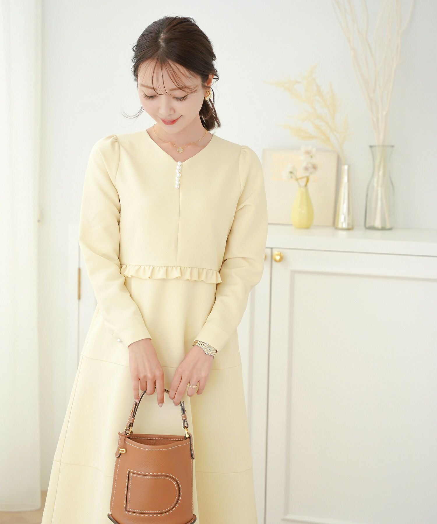【ROKSANDA】 水色 ボリューム袖 バックリボン Vネック ワンピース フロントファスナー バックリボン フレアワンピース le reve vaniller