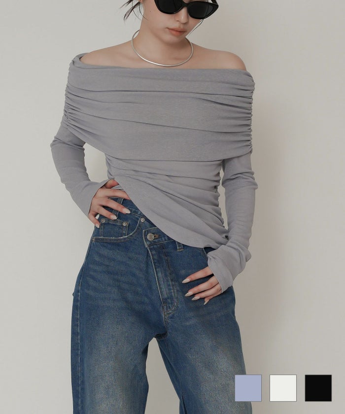 シアー オフショル プルオーバー カットソー ブルーグレー ホワイト ブラック フリー シアー オフショル プルオーバー KINO THE KEI