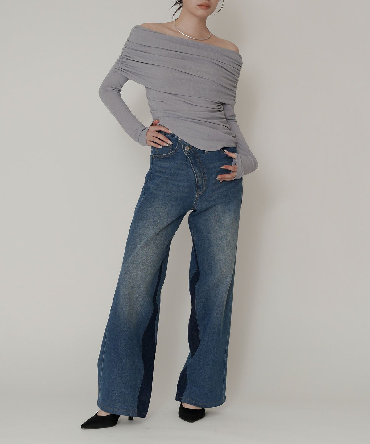 シアー オフショル プルオーバー カットソー ホワイト/ブラック/フリー/長袖