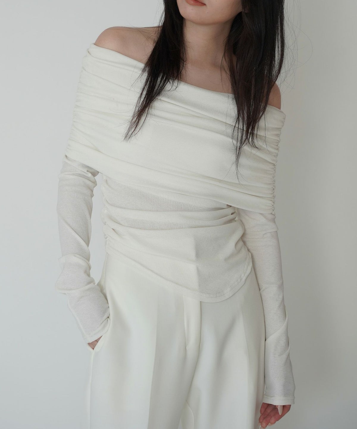 シアー オフショル プルオーバー カットソー ホワイト/ブラック/フリー/長袖