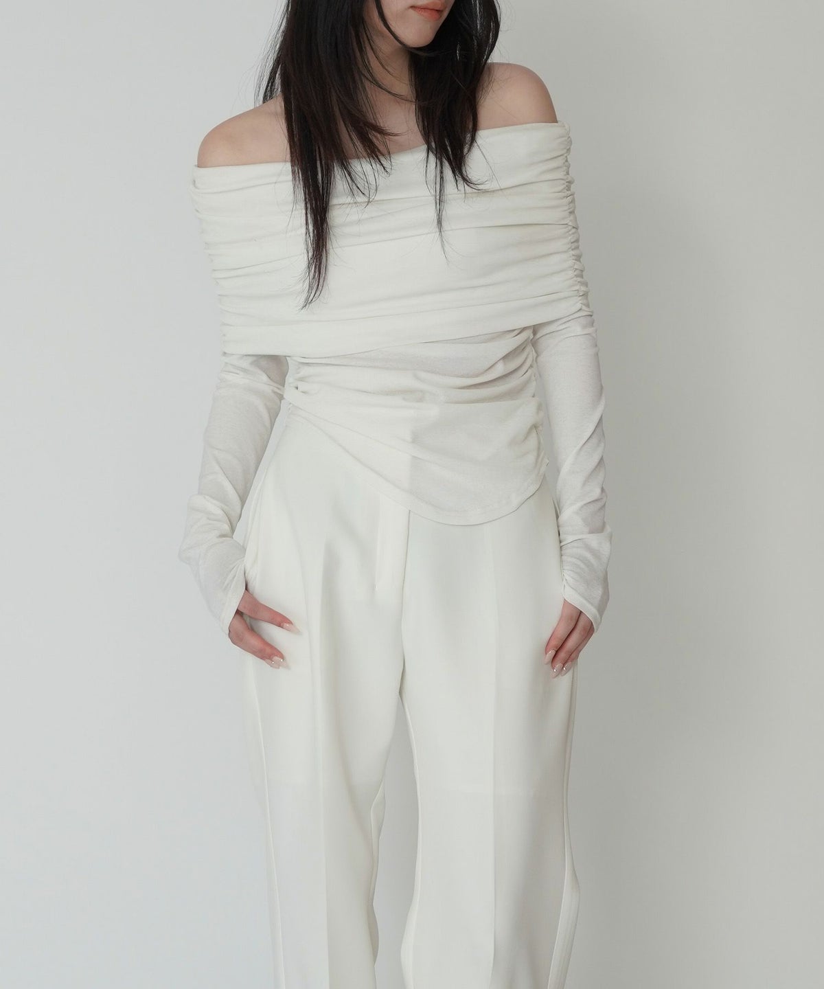 シアー オフショル プルオーバー カットソー ホワイト/ブラック/フリー/長袖