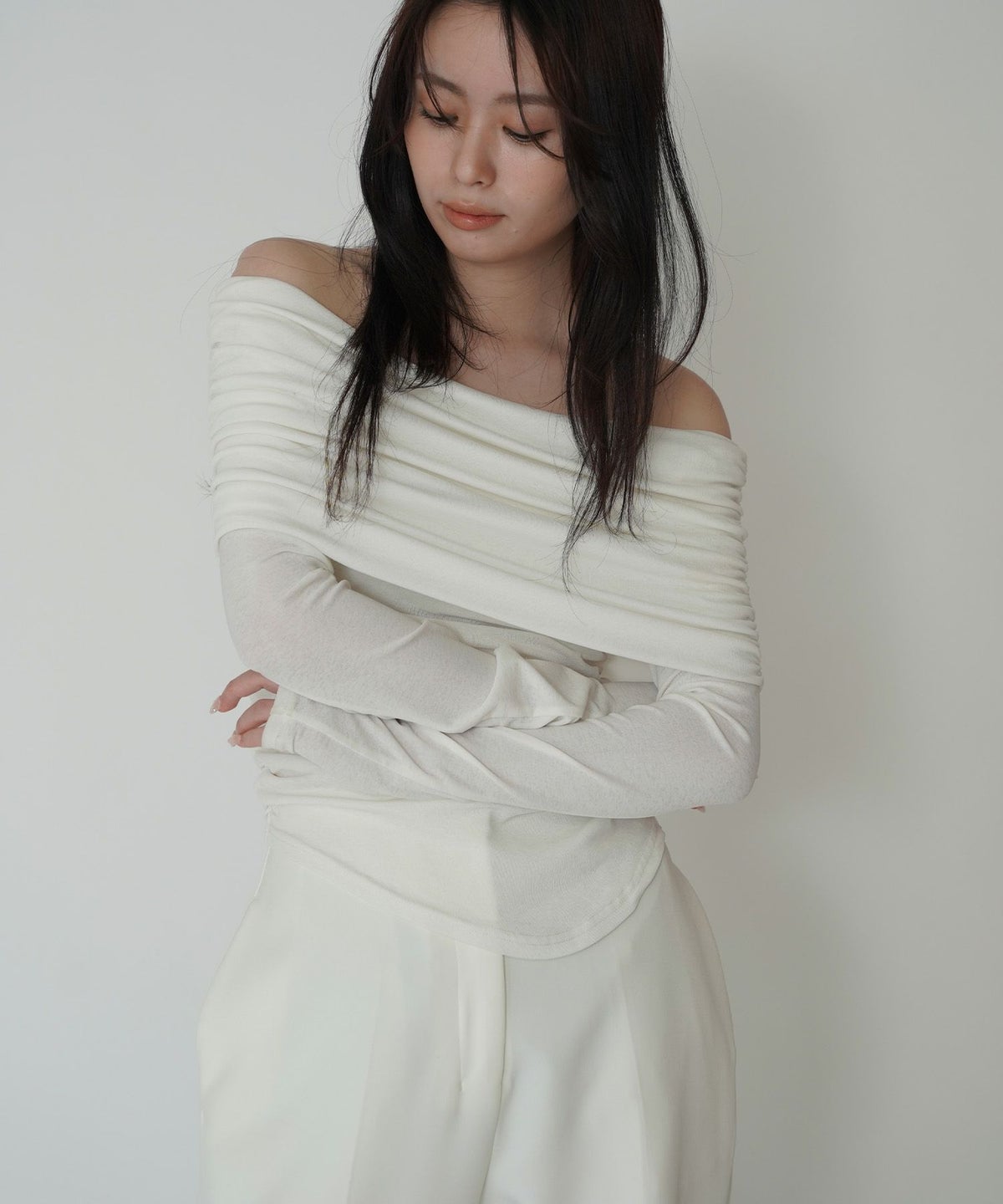 シアー オフショル プルオーバー カットソー ホワイト/ブラック/フリー/長袖