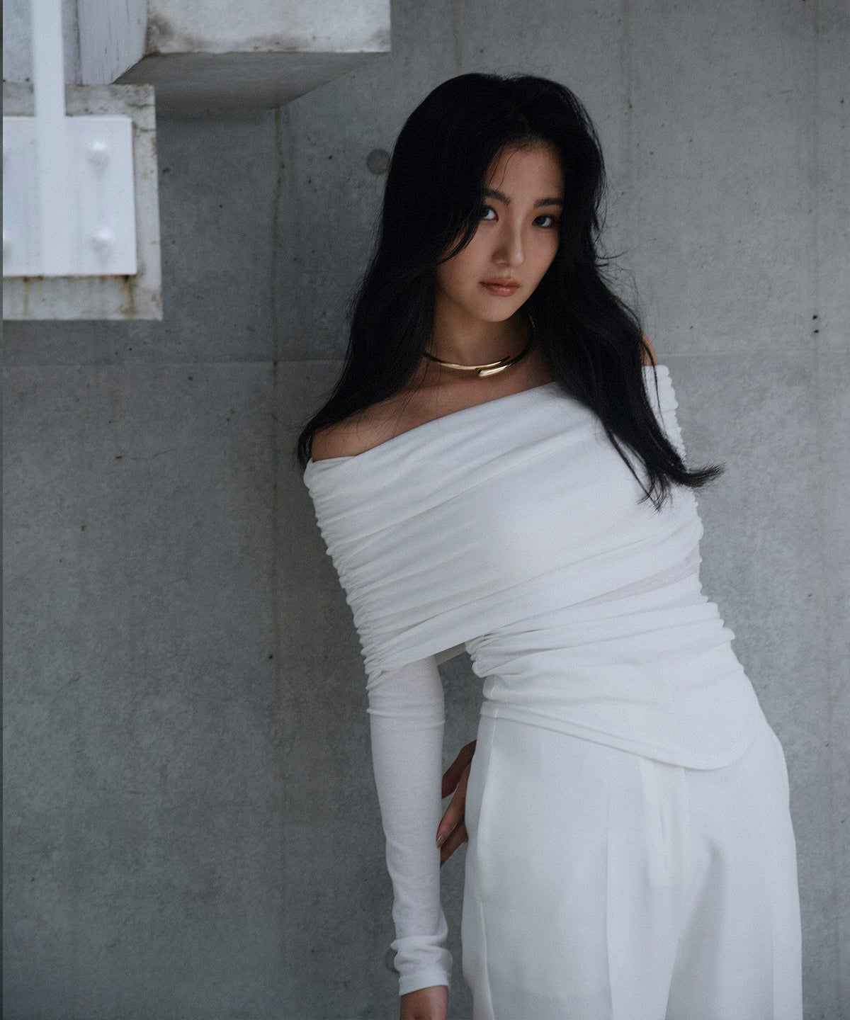 シアー オフショル プルオーバー カットソー ホワイト/ブラック/フリー/長袖