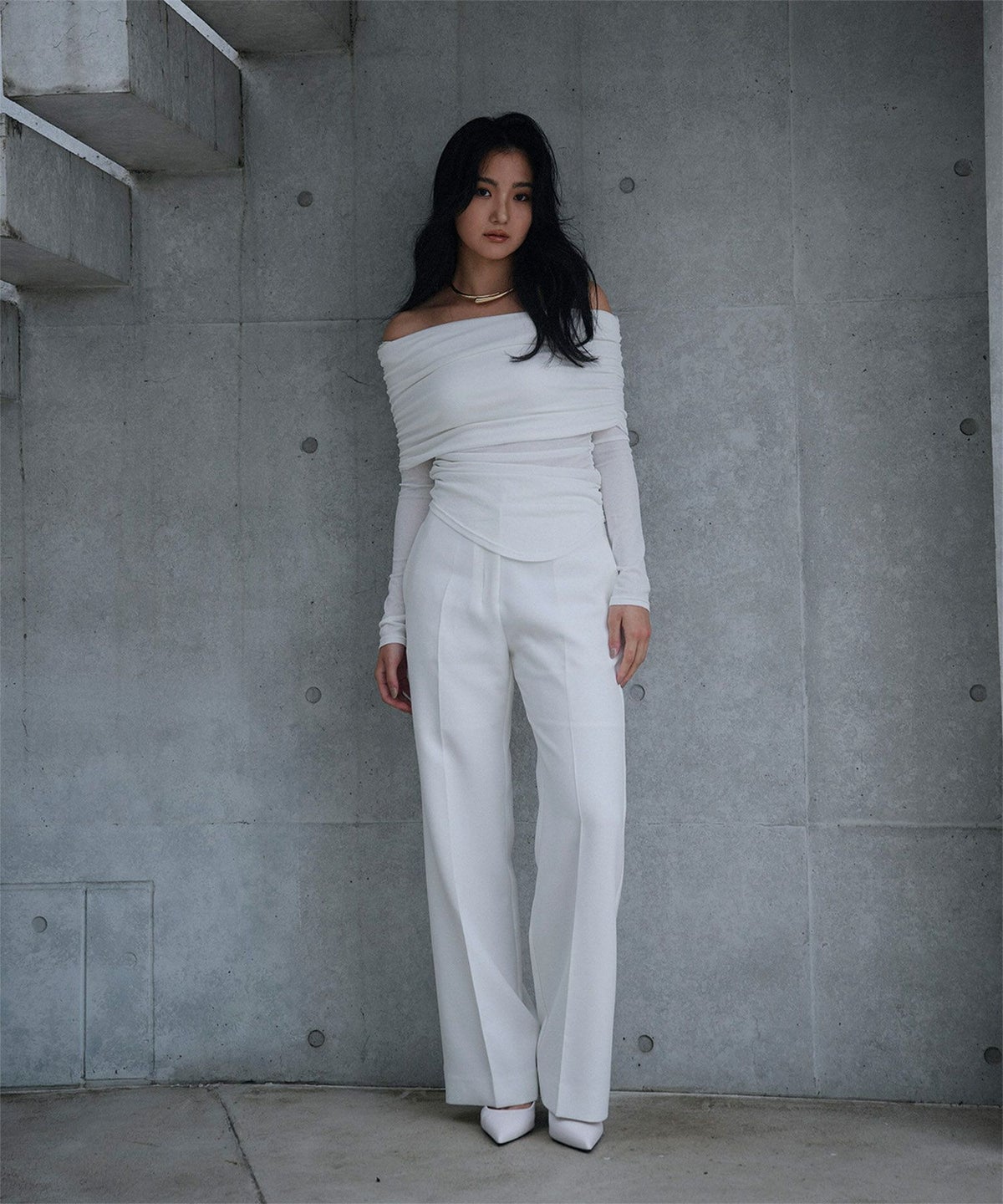 シアー オフショル プルオーバー カットソー ホワイト/ブラック/フリー/長袖