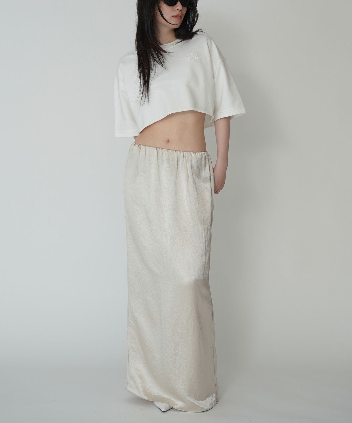 アセテート サテン スカート Iライン 光沢 アイボリー/ブラック/フリー/ロング丈