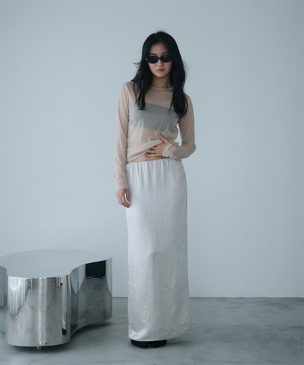 アセテート サテン スカート Iライン 光沢 アイボリー/ブラック/フリー/ロング丈