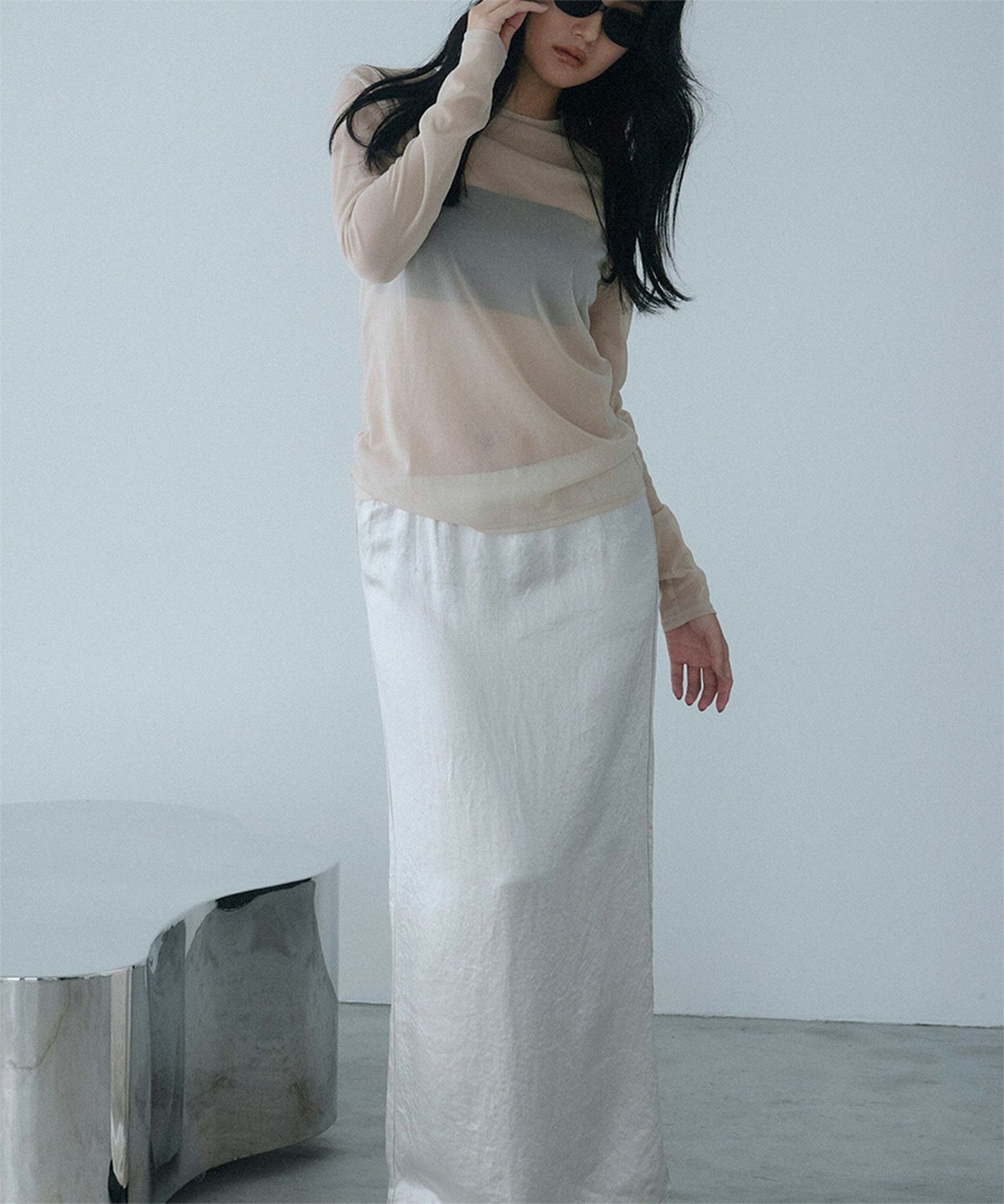 アセテート サテン スカート Iライン 光沢 アイボリー/ブラック/フリー/ロング丈