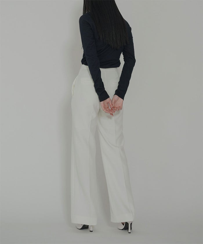 裾フレア セミワイドパンツ センタープレス 美脚 スラッシュポケット ホワイト/ブラック/S/M/ロング丈