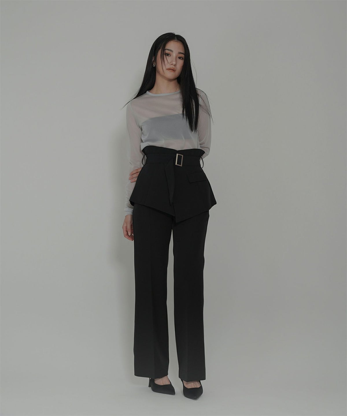 裾フレア セミワイドパンツ センタープレス 美脚 スラッシュポケット ホワイト/ブラック/S/M/ロング丈