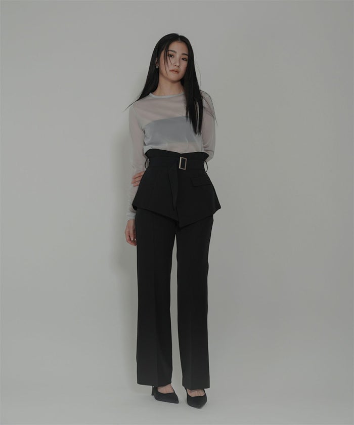 裾フレア セミワイドパンツ センタープレス 美脚 スラッシュポケット ホワイト/ブラック/S/M/ロング丈