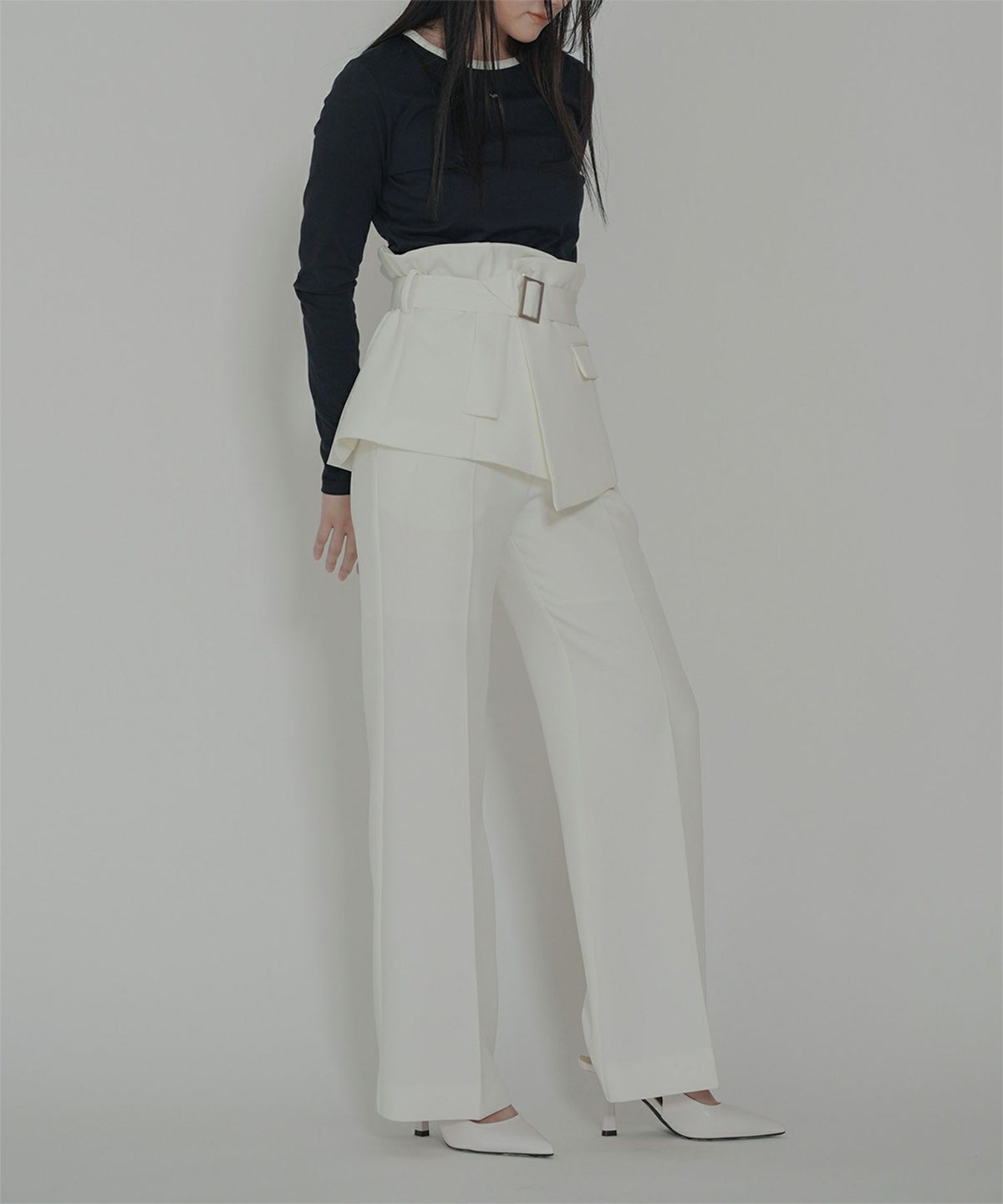 裾フレア セミワイドパンツ センタープレス 美脚 スラッシュポケット ホワイト/ブラック/S/M/ロング丈