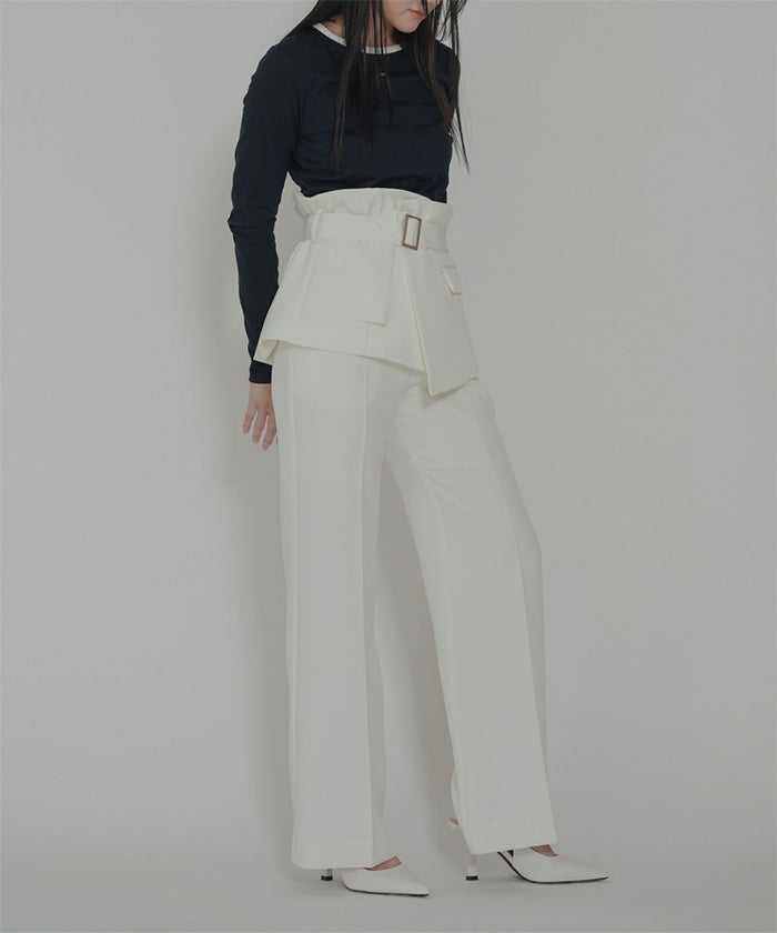 裾フレア セミワイドパンツ センタープレス 美脚 スラッシュポケット ホワイト/ブラック/S/M/ロング丈