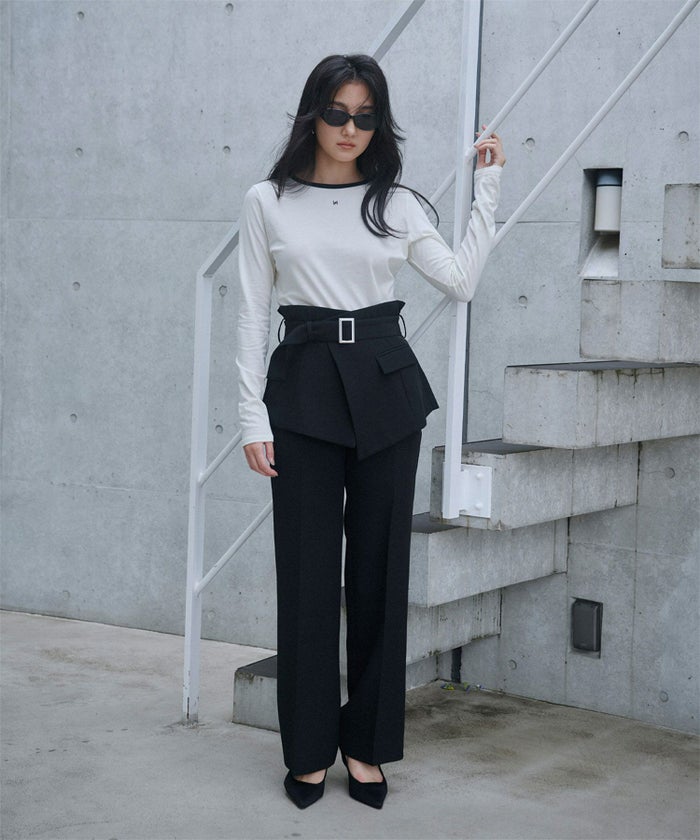 裾フレア セミワイドパンツ センタープレス 美脚 スラッシュポケット ホワイト/ブラック/S/M/ロング丈