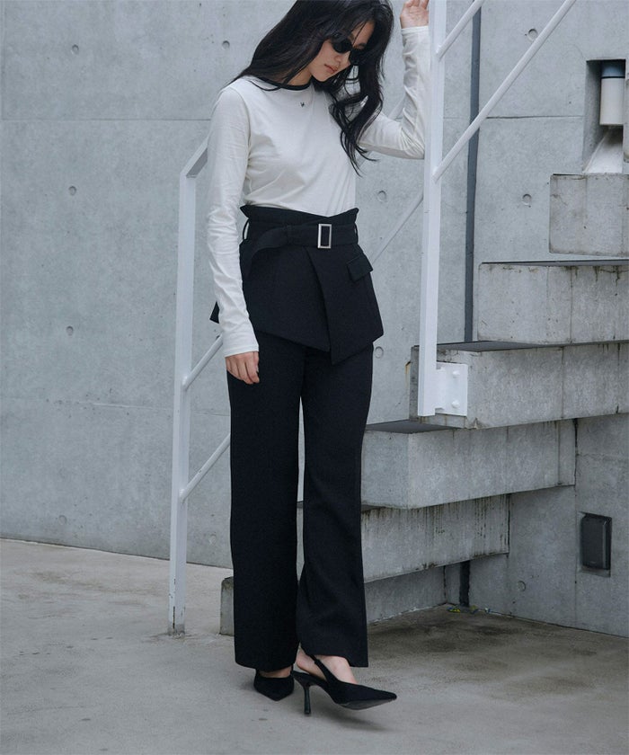 裾フレア セミワイドパンツ センタープレス 美脚 スラッシュポケット ホワイト/ブラック/S/M/ロング丈