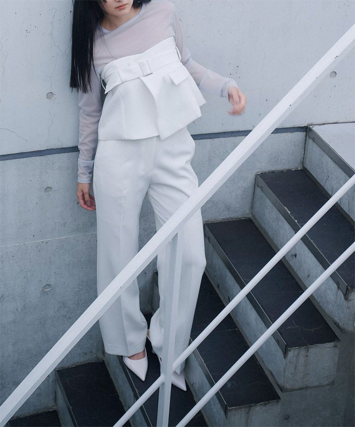 裾フレア セミワイドパンツ センタープレス 美脚 スラッシュポケット ホワイト/ブラック/S/M/ロング丈