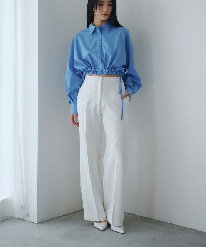 裾フレア セミワイドパンツ センタープレス 美脚 スラッシュポケット ホワイト/ブラック/S/M/ロング丈