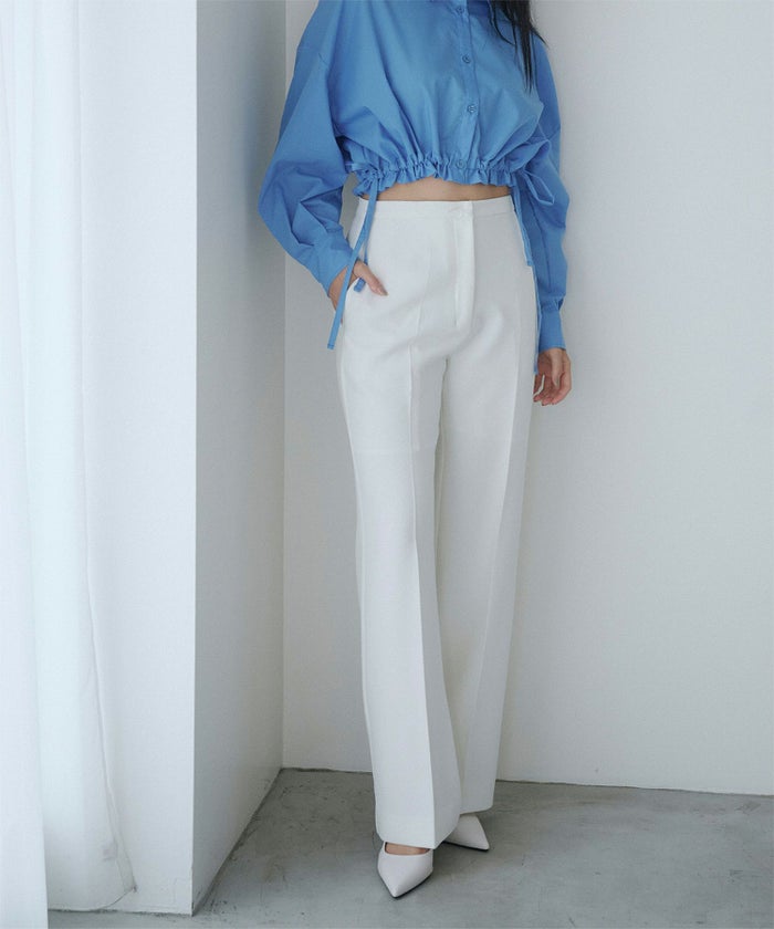 裾フレア セミワイドパンツ センタープレス 美脚 スラッシュポケット ホワイト/ブラック/S/M/ロング丈