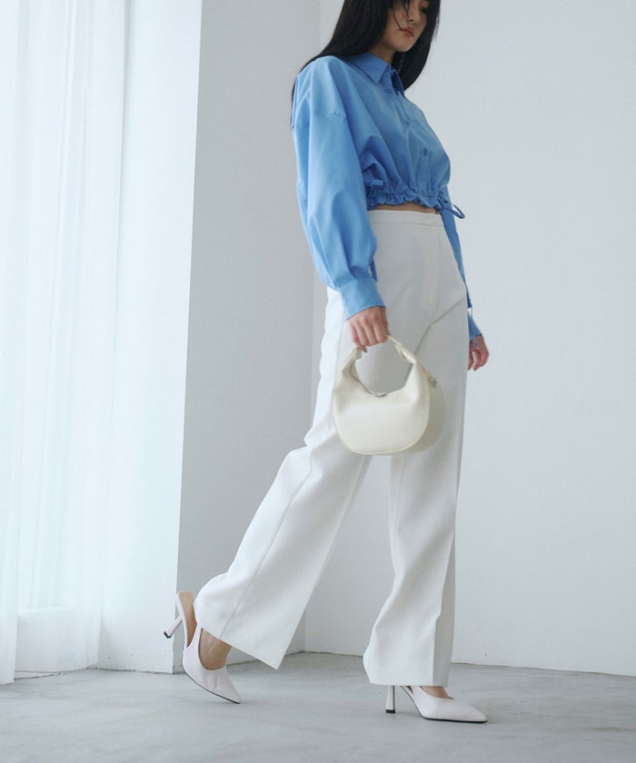 裾フレア セミワイドパンツ センタープレス 美脚 スラッシュポケット ホワイト/ブラック/S/M/ロング丈