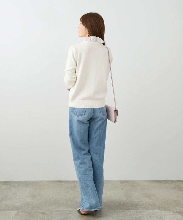 手洗い可トップスレディースおしゃれオフィスきれいめ大人ローゲージ5G長袖白黒ジョイントスペース