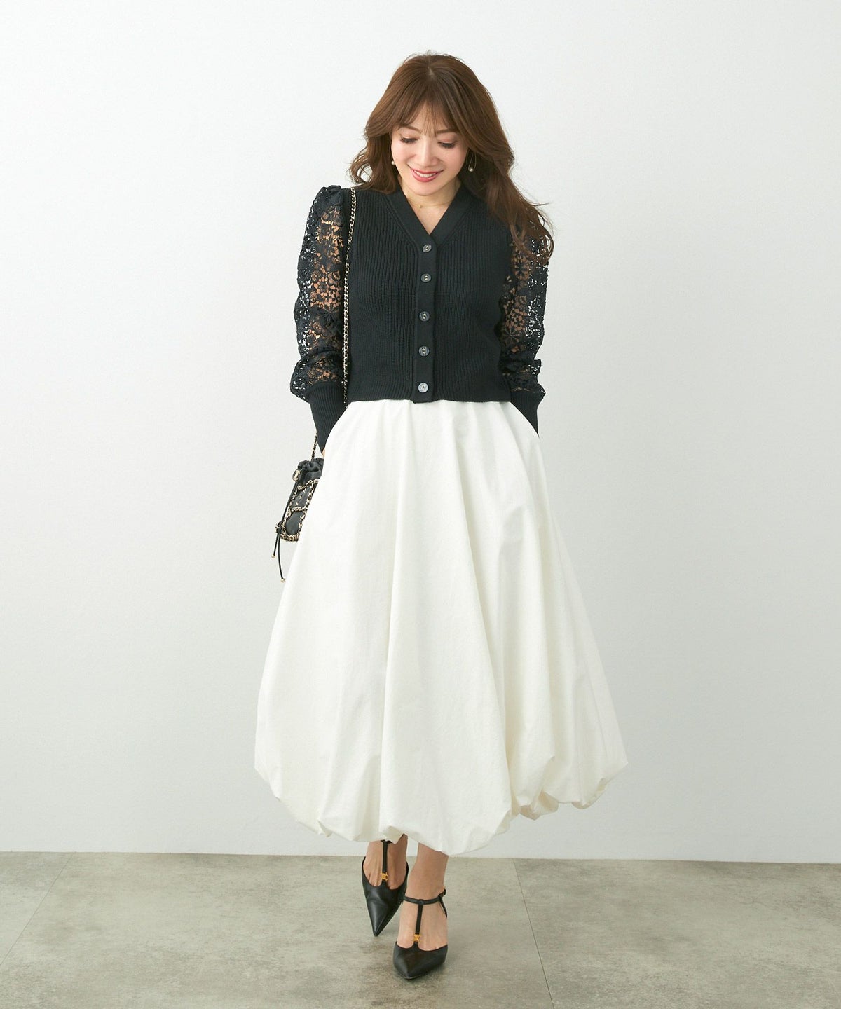 手洗い可長袖ケミカルレース袖口リブオフィスきれいめミドルゲージ上品エレガントジョイントスペース