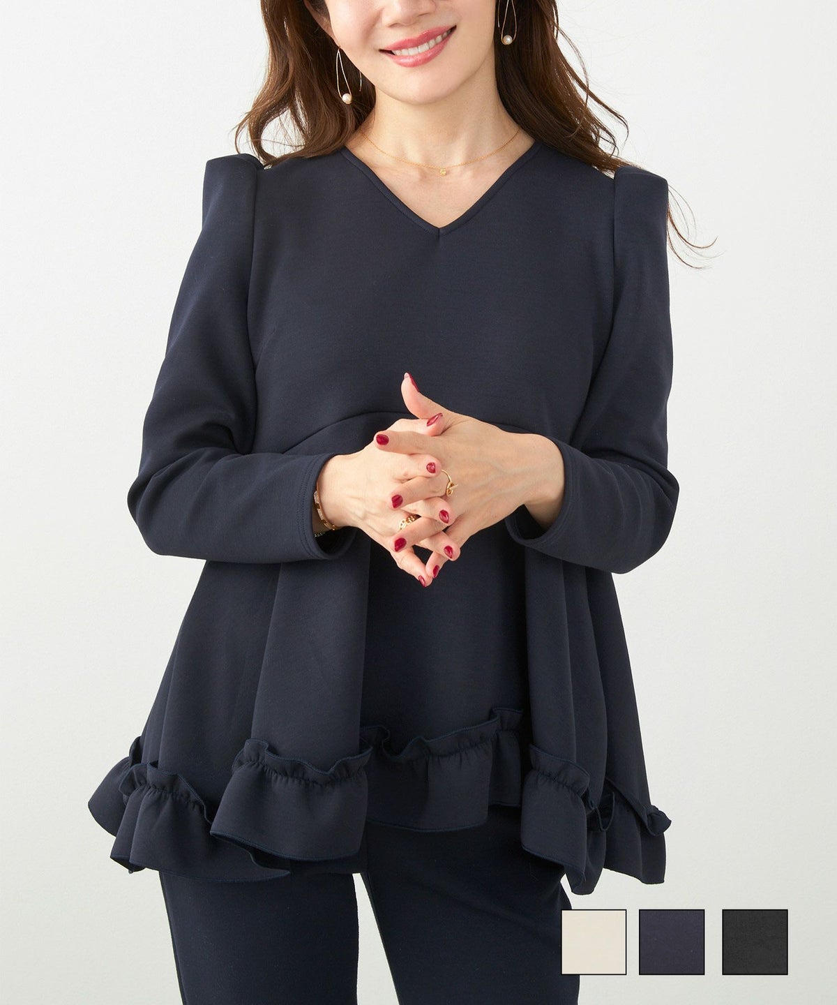 手洗い可 日本製 洗濯機 ウォッシャブル セットアップ対応 レディース体型カバー ストレッチ ジョイントスペース 裾フリル フレア Vネック プルオーバー Liala×PG