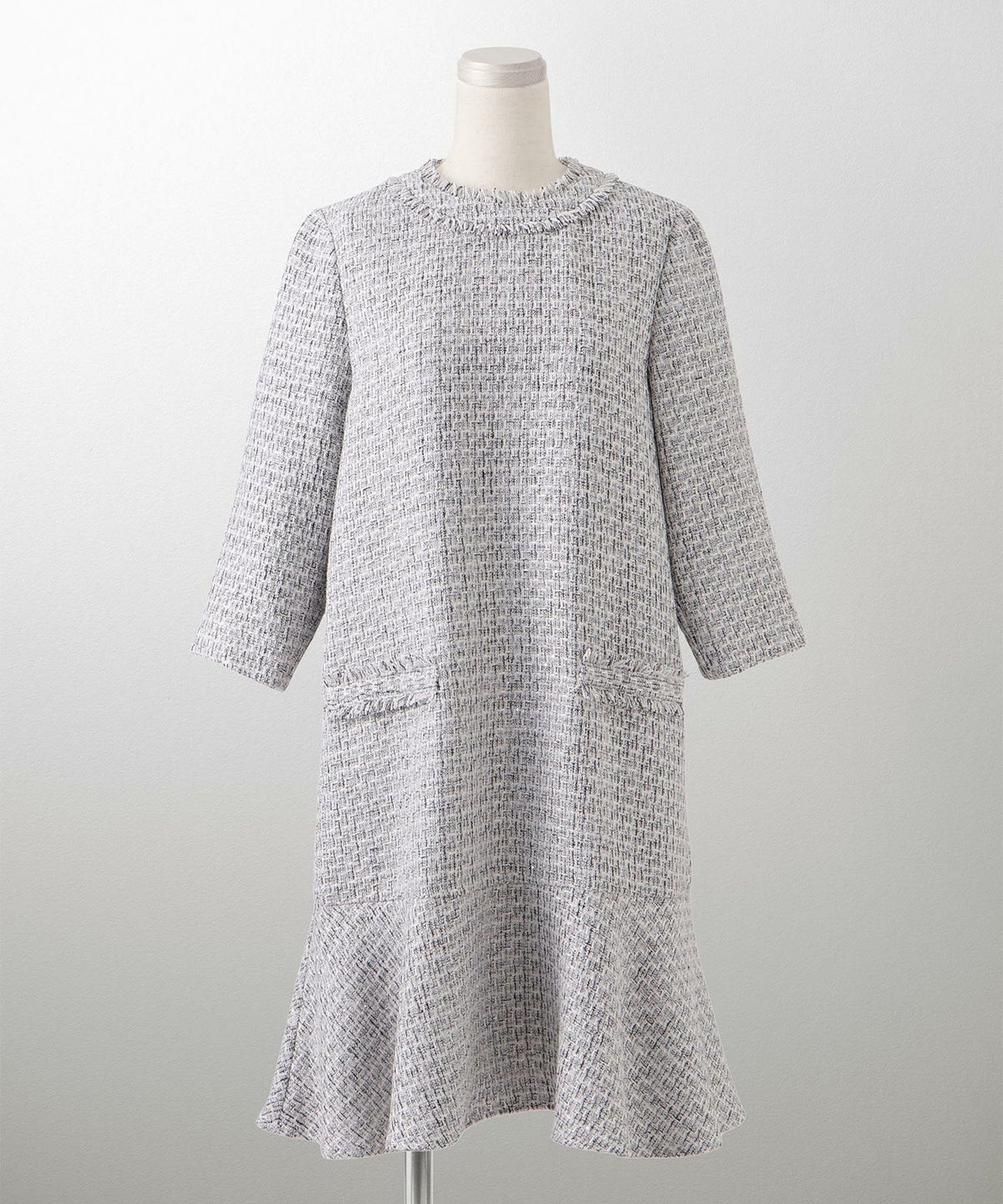 ツイード フリルヘム スパンコール チェック 上品 ミニ丈 グレーミックス/ベージュ/ブラック/M