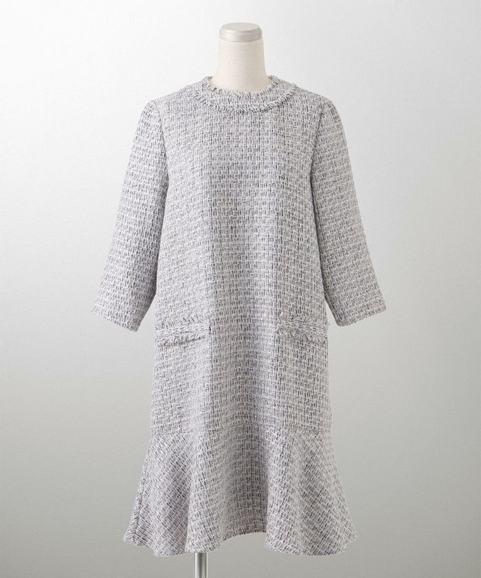 ツイード フリルヘム スパンコール チェック 上品 ミニ丈 グレーミックス/ベージュ/ブラック/M