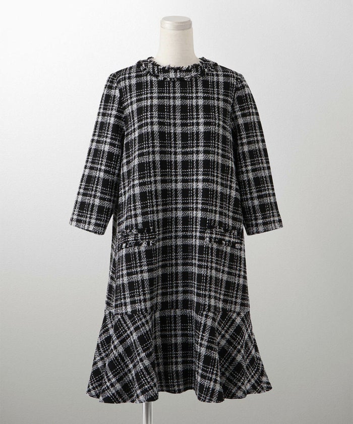 ツイード フリルヘム スパンコール チェック 上品 ミニ丈 グレーミックス/ベージュ/ブラック/M