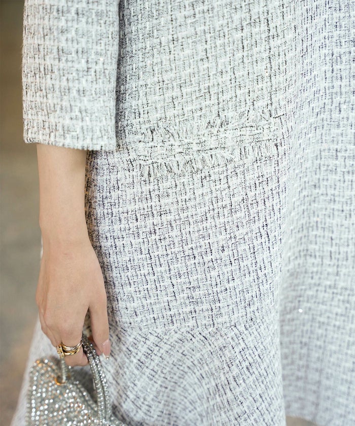 ツイード フリルヘム スパンコール チェック 上品 ミニ丈 グレーミックス/ベージュ/ブラック/M