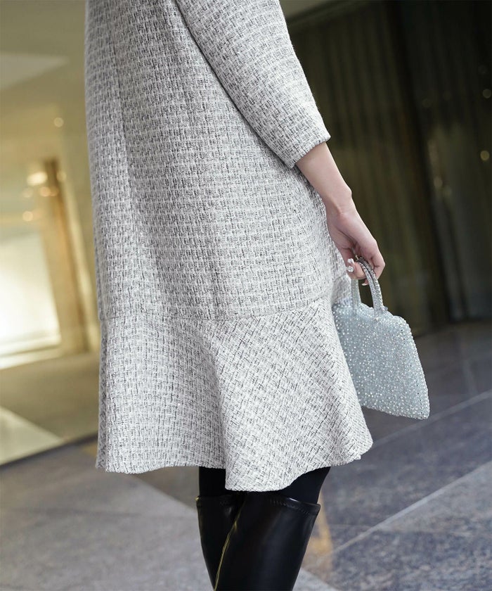 ツイード フリルヘム スパンコール チェック 上品 ミニ丈 グレーミックス/ベージュ/ブラック/M