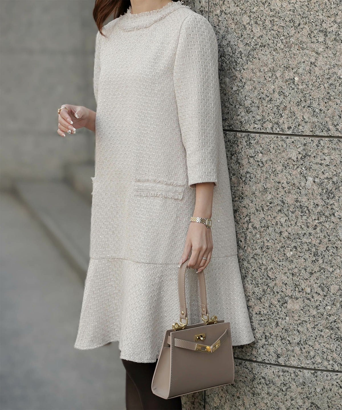 ツイード フリルヘム スパンコール チェック 上品 ミニ丈 グレーミックス/ベージュ/ブラック/M