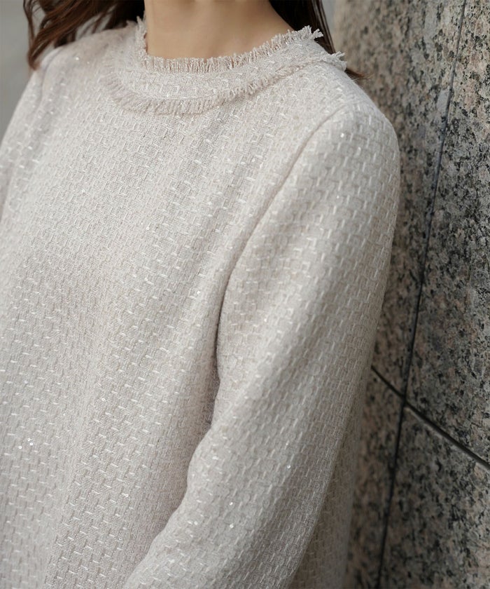 ツイード フリルヘム スパンコール チェック 上品 ミニ丈 グレーミックス/ベージュ/ブラック/M