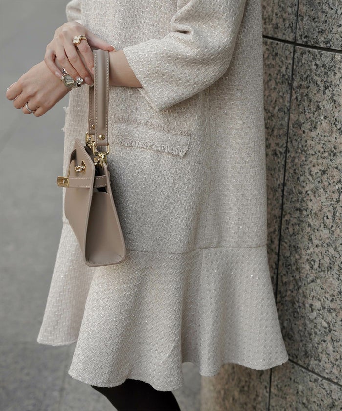 ツイード フリルヘム スパンコール チェック 上品 ミニ丈 グレーミックス/ベージュ/ブラック/M