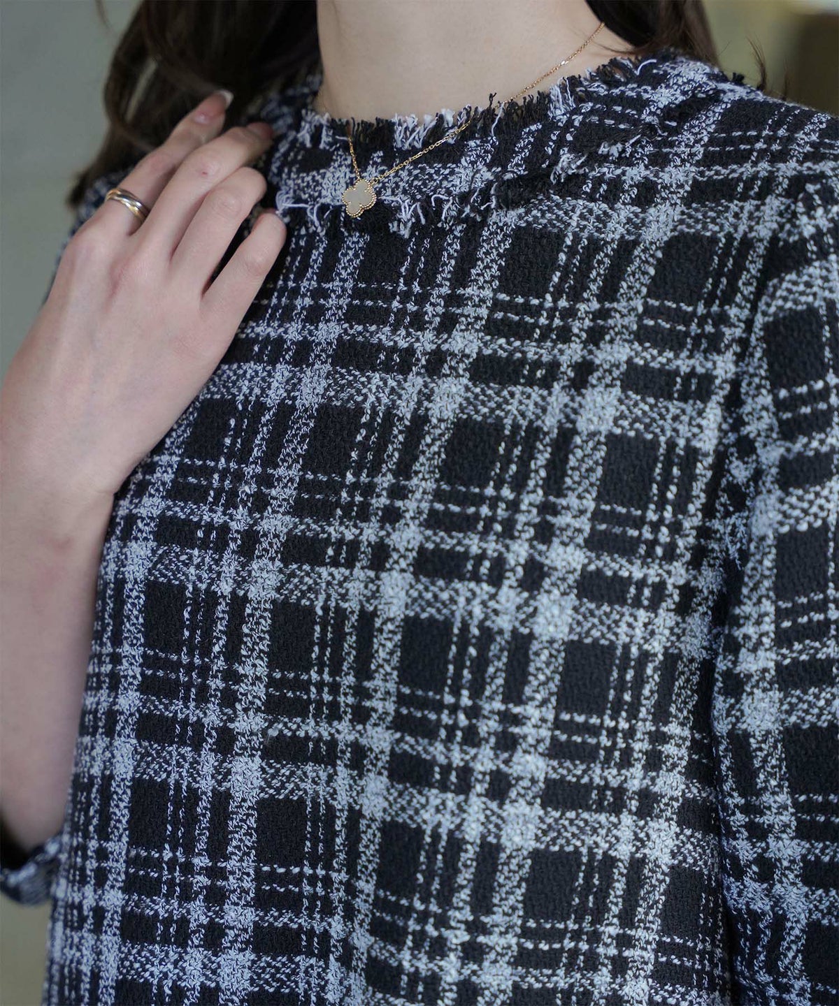 ツイード フリルヘム スパンコール チェック 上品 ミニ丈 グレーミックス/ベージュ/ブラック/M