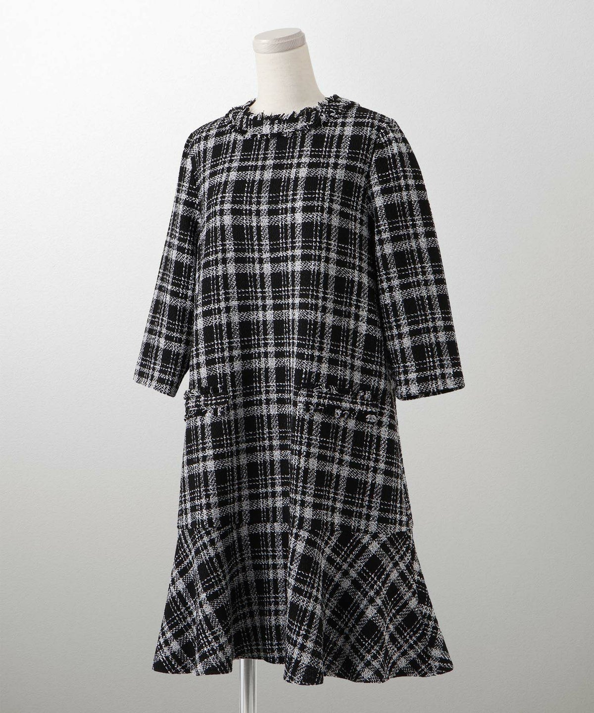 ツイード フリルヘム スパンコール チェック 上品 ミニ丈 グレーミックス/ベージュ/ブラック/M