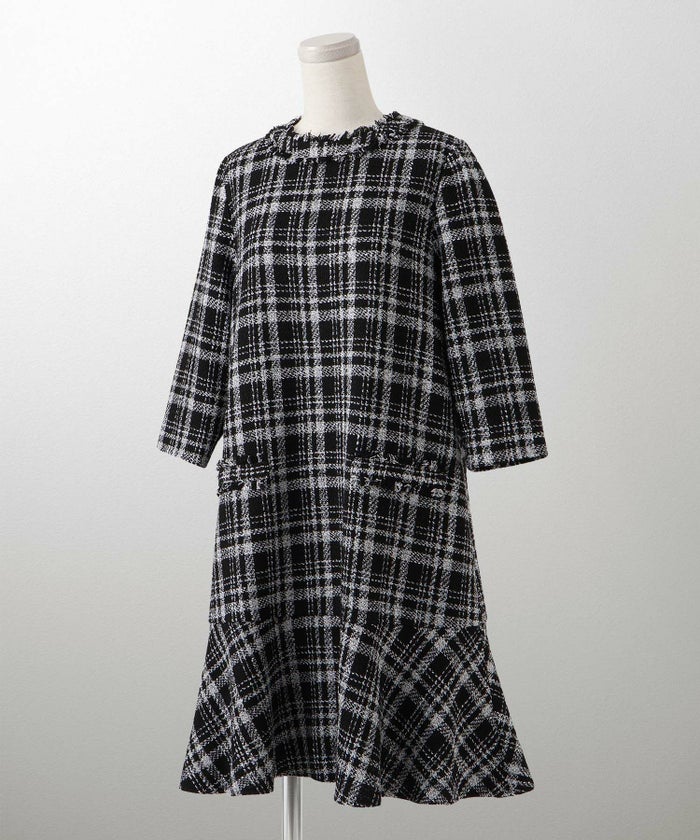 ツイード フリルヘム スパンコール チェック 上品 ミニ丈 グレーミックス/ベージュ/ブラック/M