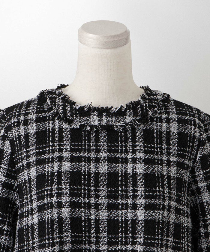 ツイード フリルヘム スパンコール チェック 上品 ミニ丈 グレーミックス/ベージュ/ブラック/M