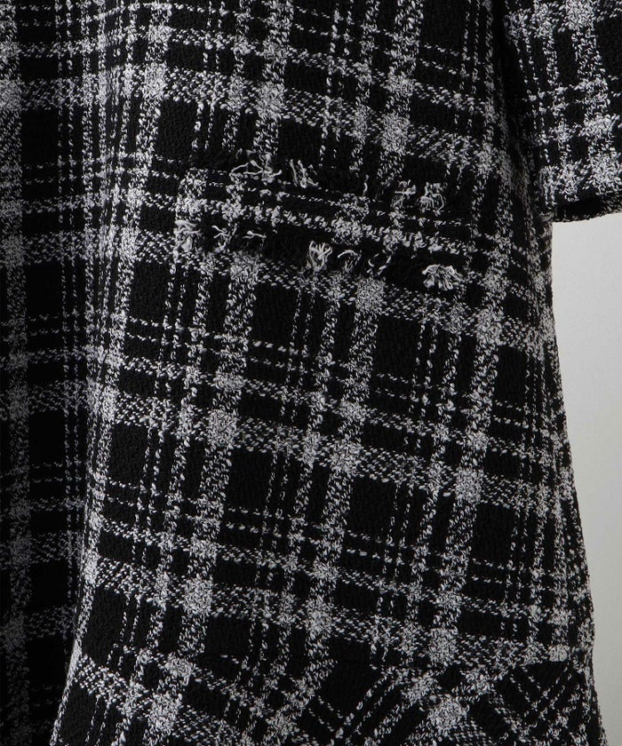 ツイード フリルヘム スパンコール チェック 上品 ミニ丈 グレーミックス/ベージュ/ブラック/M