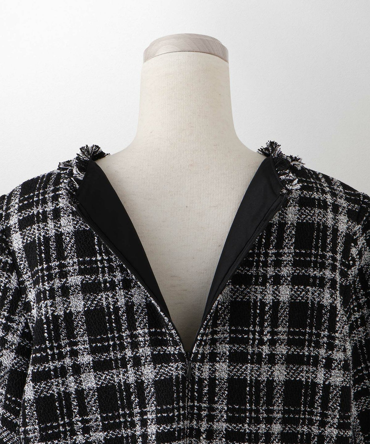 ツイード フリルヘム スパンコール チェック 上品 ミニ丈 グレーミックス/ベージュ/ブラック/M