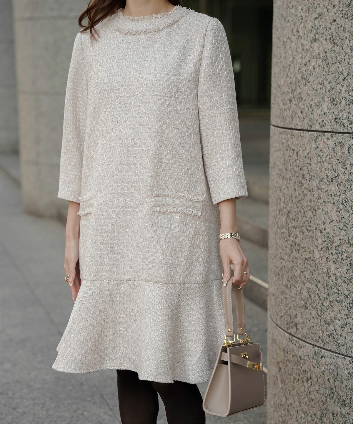 ツイード フリルヘム スパンコール チェック 上品 ミニ丈 グレーミックス/ベージュ/ブラック/M