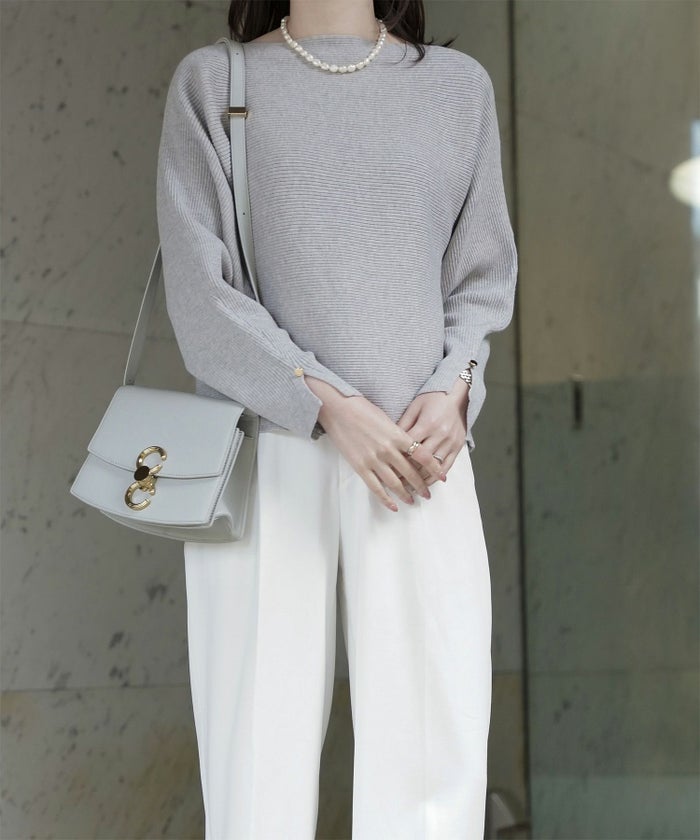 レディース ボートネック 袖 春/アイボリー/ピンク/グレー/ブラック/M/スリット/長袖