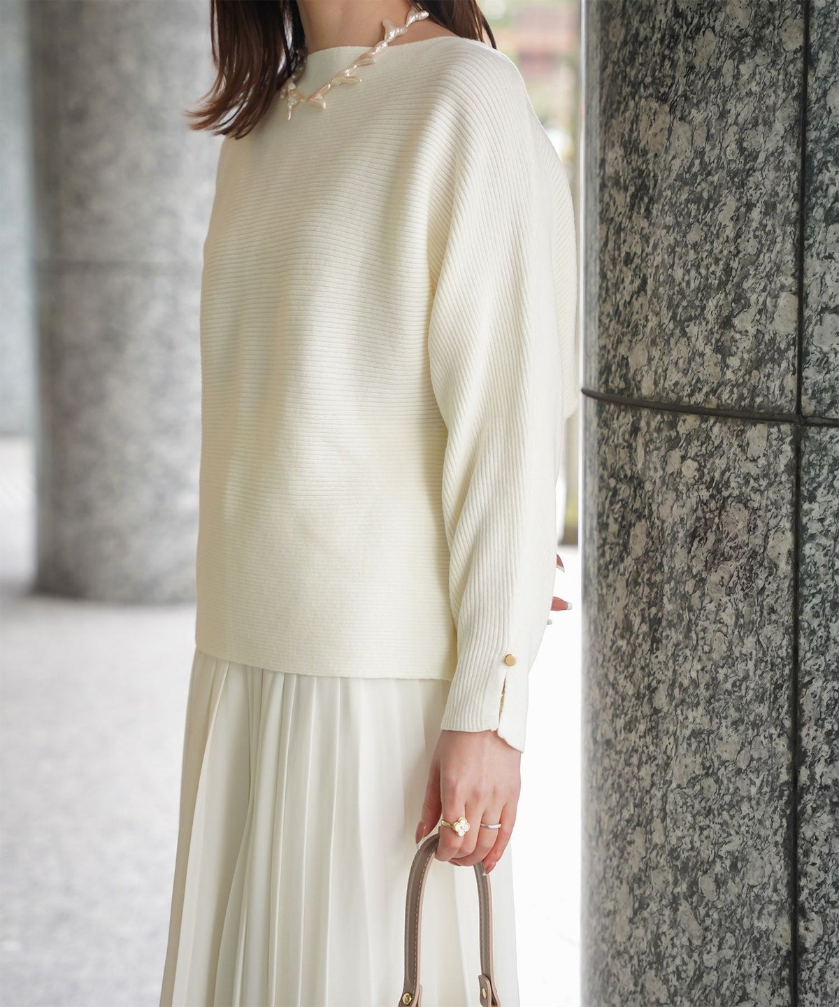 レディース ボートネック 袖 春/アイボリー/ピンク/グレー/ブラック/M/スリット/長袖